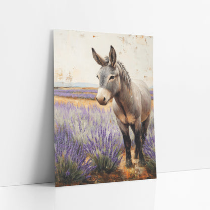 Gray Donkey Lavender Field Farmhouse art print leaning against a white wall – gray donkey standing in a purple lavender field