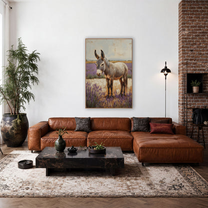 Profile Donkey Lavender Rows Painterly wall art in a farmhouse-style room – gray donkey with tall ears standing