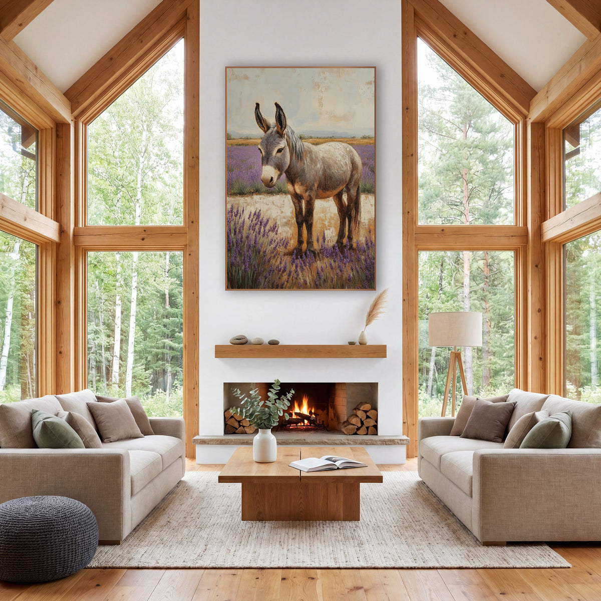 Profile Donkey Lavender Rows Painterly wall art in a farmhouse-style room – gray donkey with tall ears standing