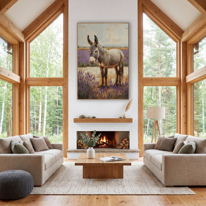 Profile Donkey Lavender Rows Painterly wall art in a farmhouse-style room – gray donkey with tall ears standing