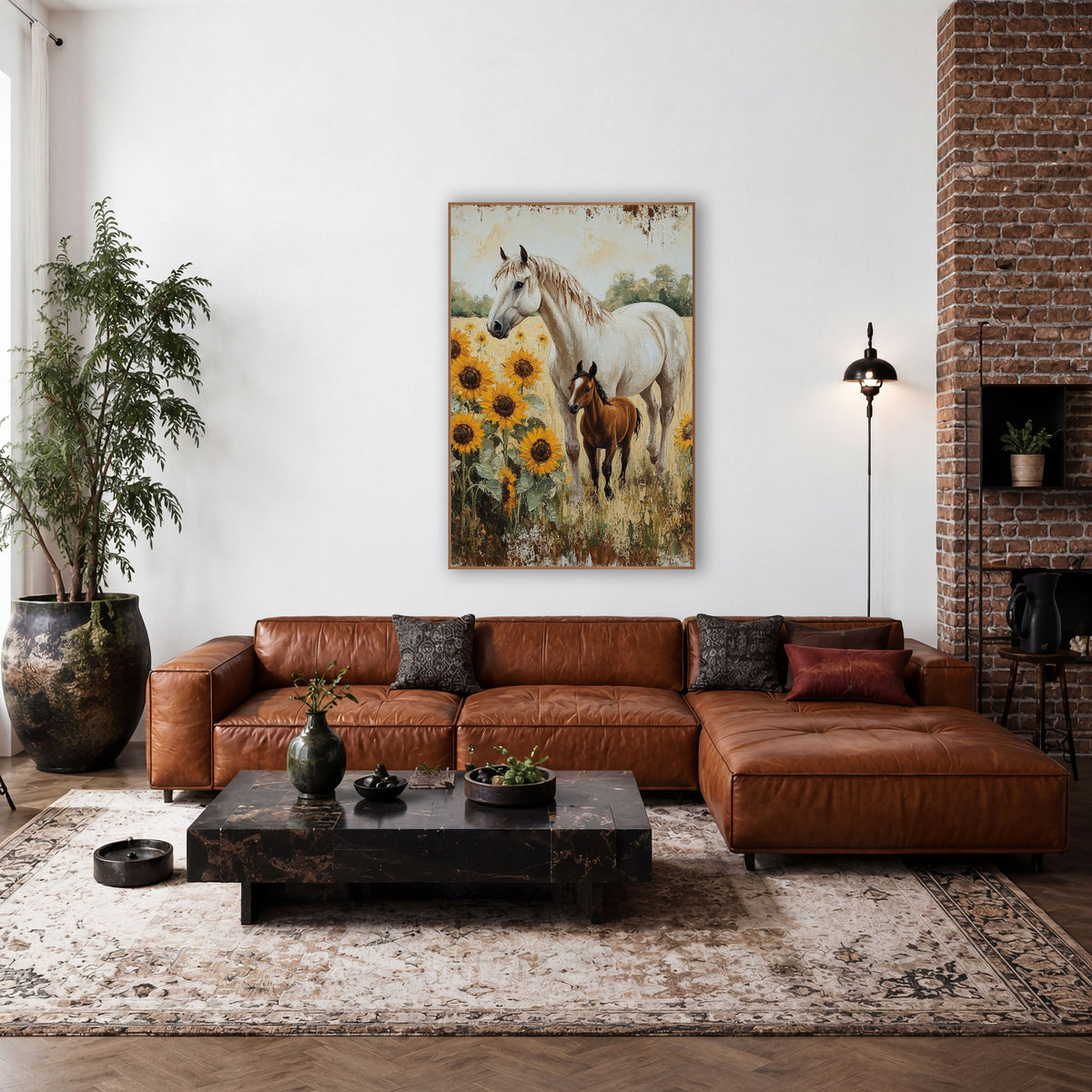 White Mare Foal Sunflower Farmhouse wall art in a farmhouse-style room – white horse and brown foal standing
