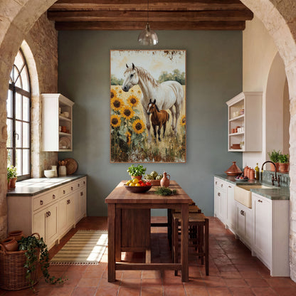 White Mare Foal Sunflower Farmhouse wall art in a farmhouse-style room – white horse and brown foal standing