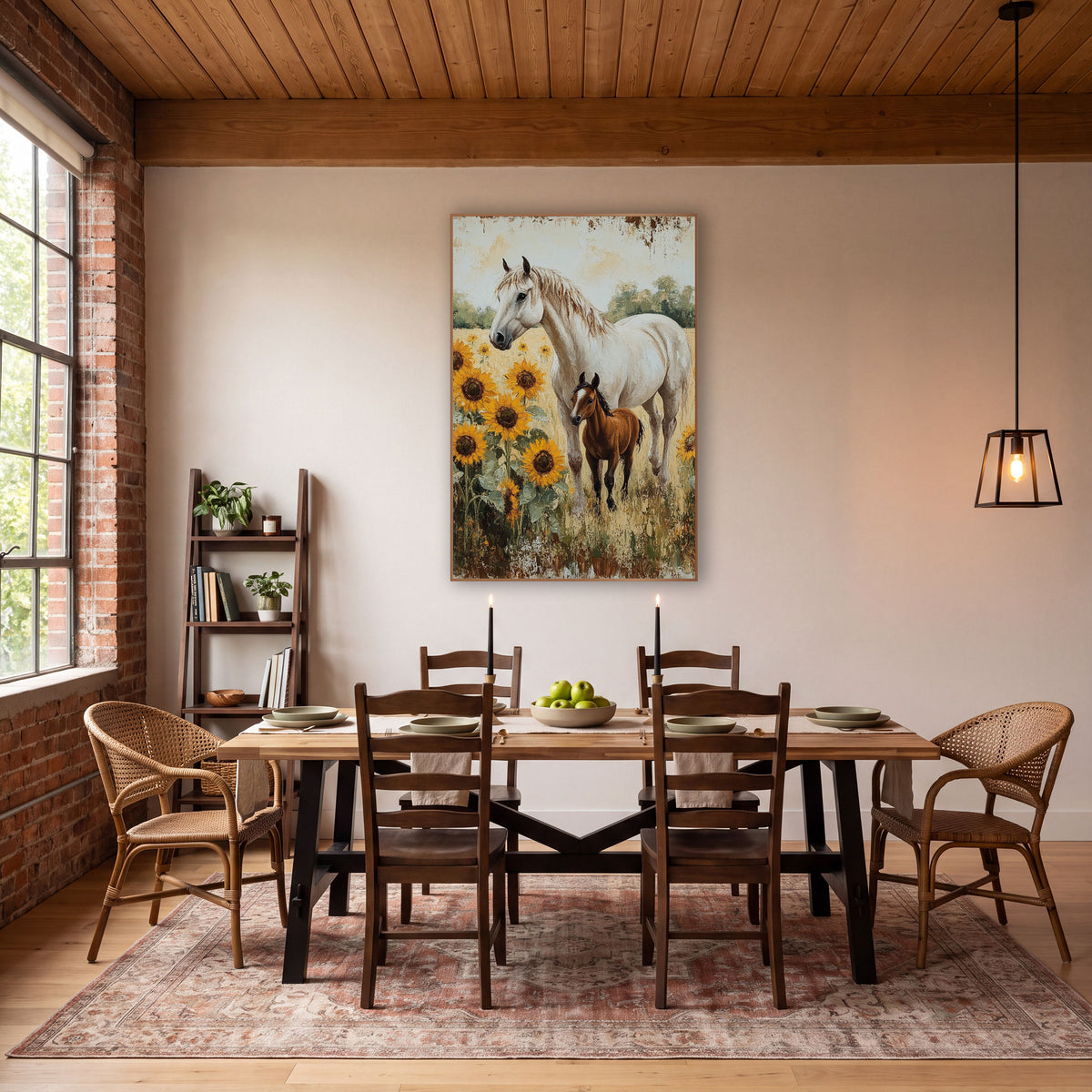 White Mare Foal Sunflower Farmhouse wall art in a farmhouse-style room – white horse and brown foal standing