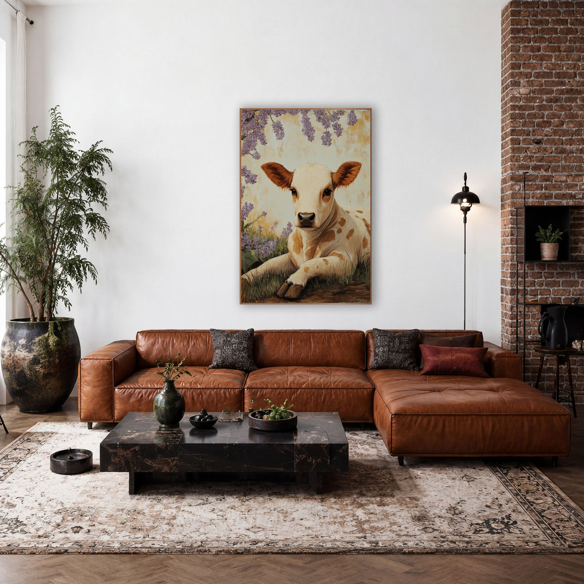 Cream Spotted Calf Lilac Canopy Rustic wall art in a farmhouse-style room – cream and caramel calf lying in grass