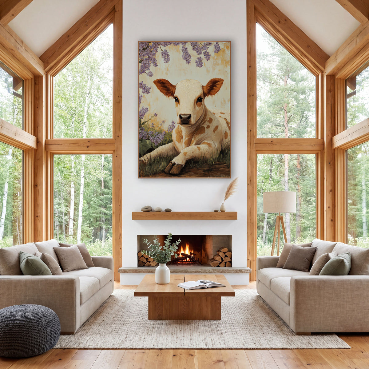 Cream Spotted Calf Lilac Canopy Rustic wall art in a farmhouse-style room – cream and caramel calf lying in grass