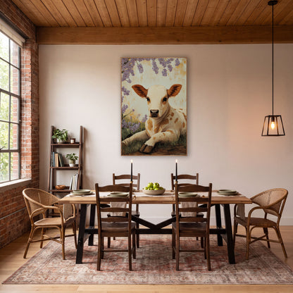 Cream Spotted Calf Lilac Canopy Rustic wall art in a farmhouse-style room – cream and caramel calf lying in grass