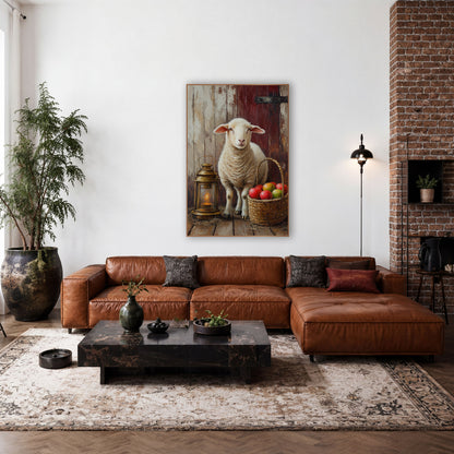 Glowing Lantern Lamb Red Door Rustic wall art in a farmhouse-style room – white lamb beside a glowing brass lantern