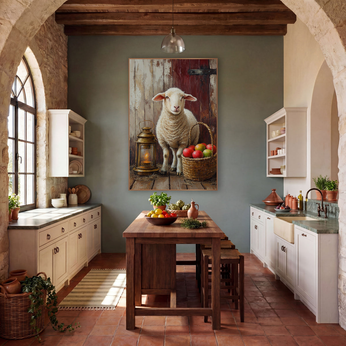 Glowing Lantern Lamb Red Door Rustic wall art in a farmhouse-style room – white lamb beside a glowing brass lantern