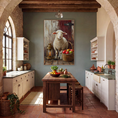 Glowing Lantern Lamb Red Door Rustic wall art in a farmhouse-style room – white lamb beside a glowing brass lantern