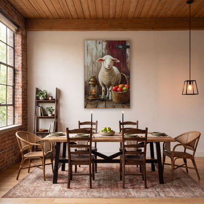 Glowing Lantern Lamb Red Door Rustic wall art in a farmhouse-style room – white lamb beside a glowing brass lantern