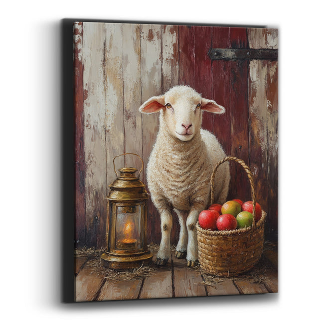 Glowing Lantern Lamb Red Door Rustic Canvas Wall Art