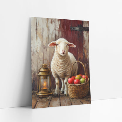 Glowing Lantern Lamb Red Door Rustic art print leaning against a white wall – white lamb beside a glowing brass lantern