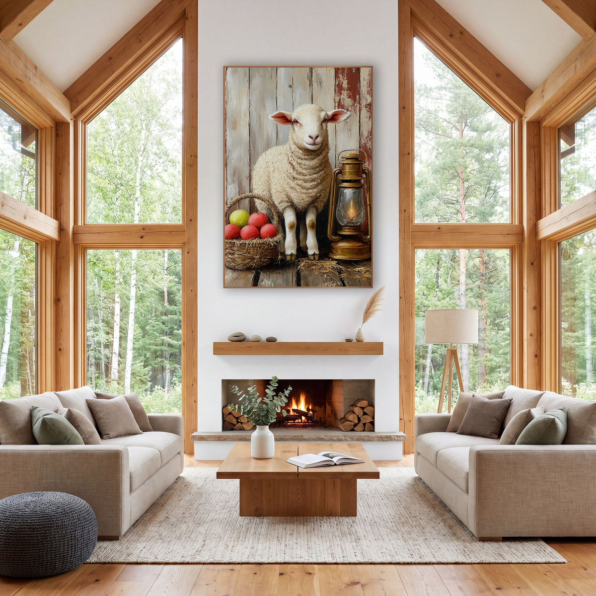 Farmhouse Lamb With Brass Lantern wall art in a farmhouse-style room – cream lamb standing beside a brass lantern