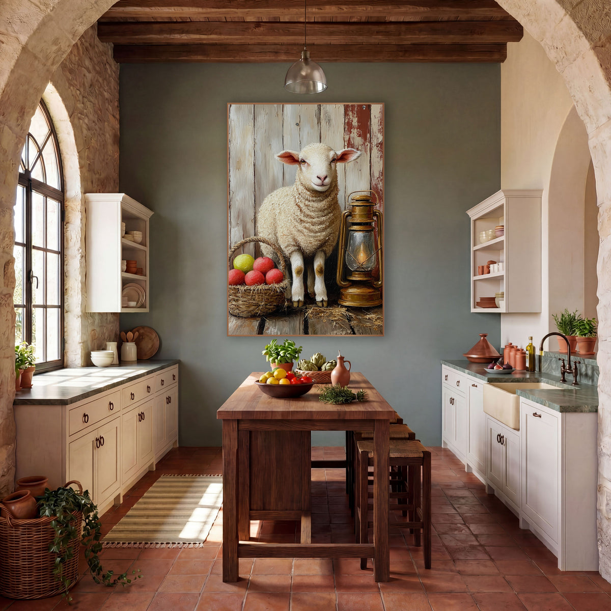 Farmhouse Lamb With Brass Lantern wall art in a farmhouse-style room – cream lamb standing beside a brass lantern
