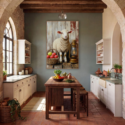 Farmhouse Lamb With Brass Lantern wall art in a farmhouse-style room – cream lamb standing beside a brass lantern