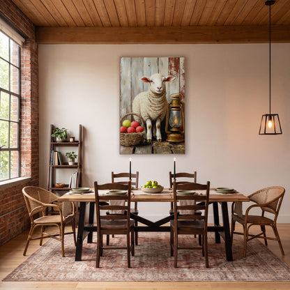 Farmhouse Lamb With Brass Lantern wall art in a farmhouse-style room – cream lamb standing beside a brass lantern