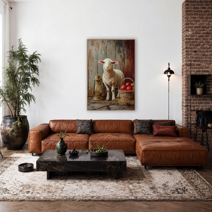Haybale Lamb Unlit Lantern Painterly wall art in a farmhouse-style room – white lamb standing beside a brass lantern