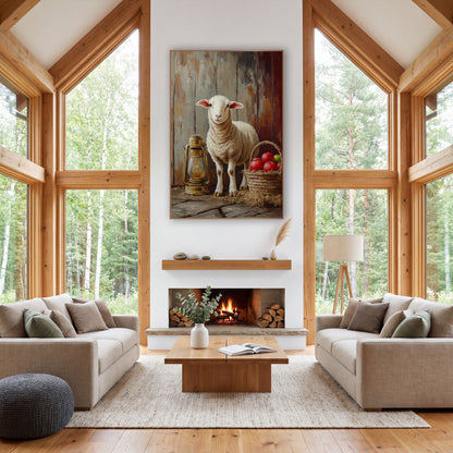 Haybale Lamb Unlit Lantern Painterly wall art in a farmhouse-style room – white lamb standing beside a brass lantern