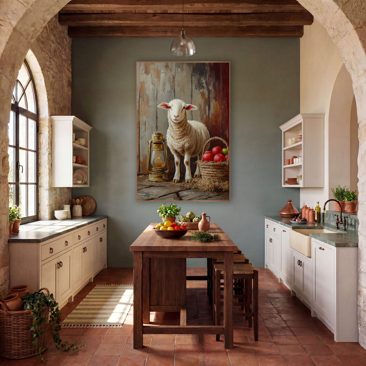 Haybale Lamb Unlit Lantern Painterly wall art in a farmhouse-style room – white lamb standing beside a brass lantern