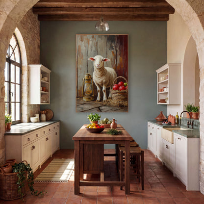 Haybale Lamb Unlit Lantern Painterly wall art in a farmhouse-style room – white lamb standing beside a brass lantern