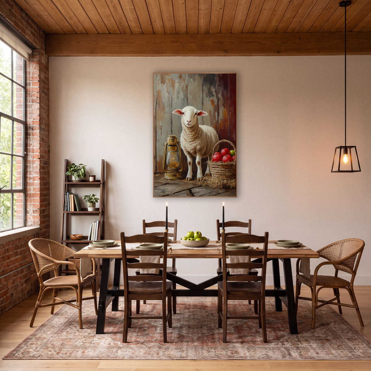 Haybale Lamb Unlit Lantern Painterly wall art in a farmhouse-style room – white lamb standing beside a brass lantern