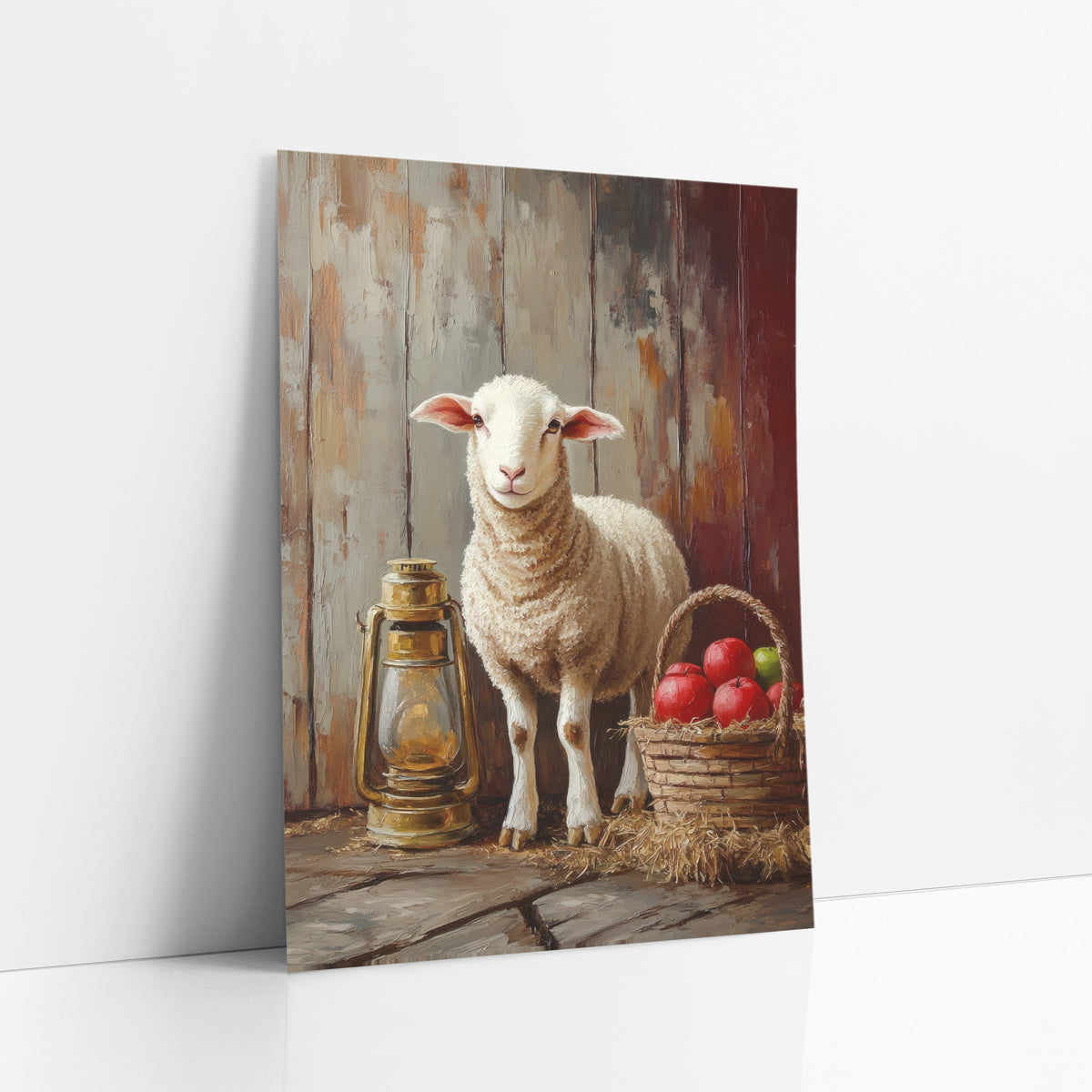 Haybale Lamb Unlit Lantern Painterly art print leaning against a white wall – white lamb standing beside a brass lantern