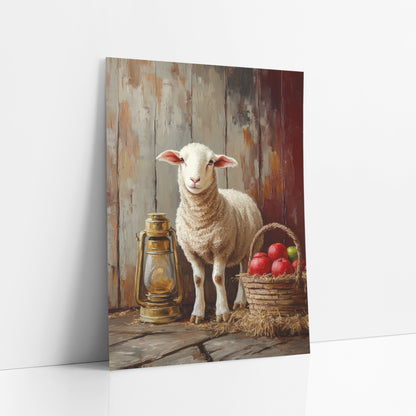 Haybale Lamb Unlit Lantern Painterly art print leaning against a white wall – white lamb standing beside a brass lantern