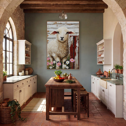 Cream Lamb Daisy Farmhouse wall art in a farmhouse-style room – cream lamb standing among pink and white daisies