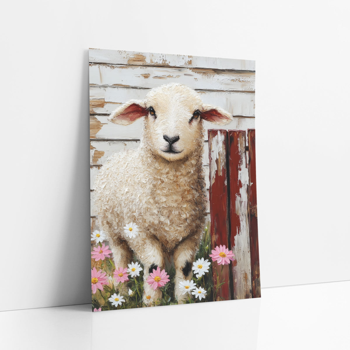 Cream Lamb Daisy Farmhouse art print leaning against a white wall – cream lamb standing among pink and white daisies