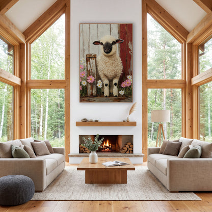 Black Faced Lamb Farmhouse Floral wall art in a farmhouse-style room – black-faced lamb with a cream curly coat stands