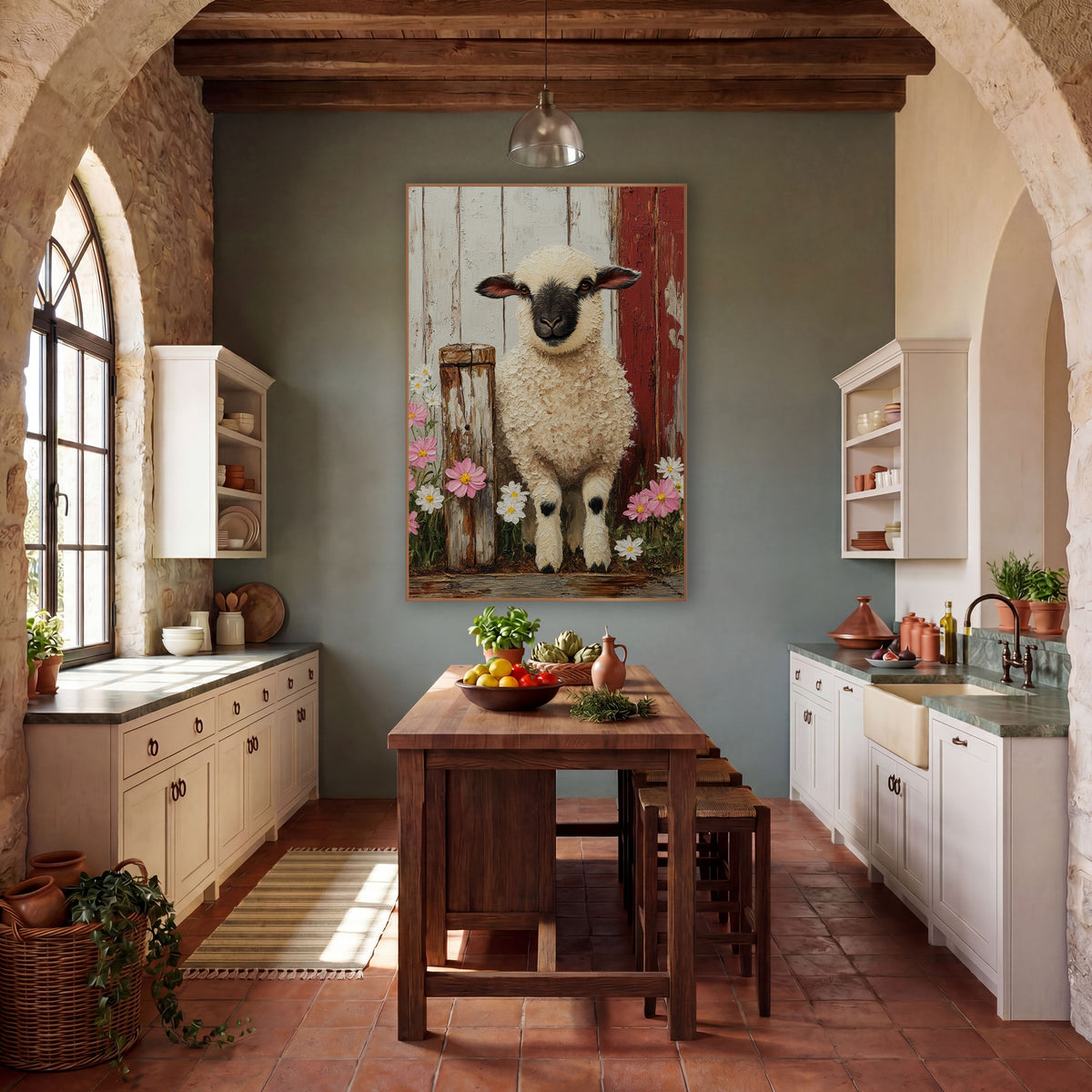 Black Faced Lamb Farmhouse Floral wall art in a farmhouse-style room – black-faced lamb with a cream curly coat stands