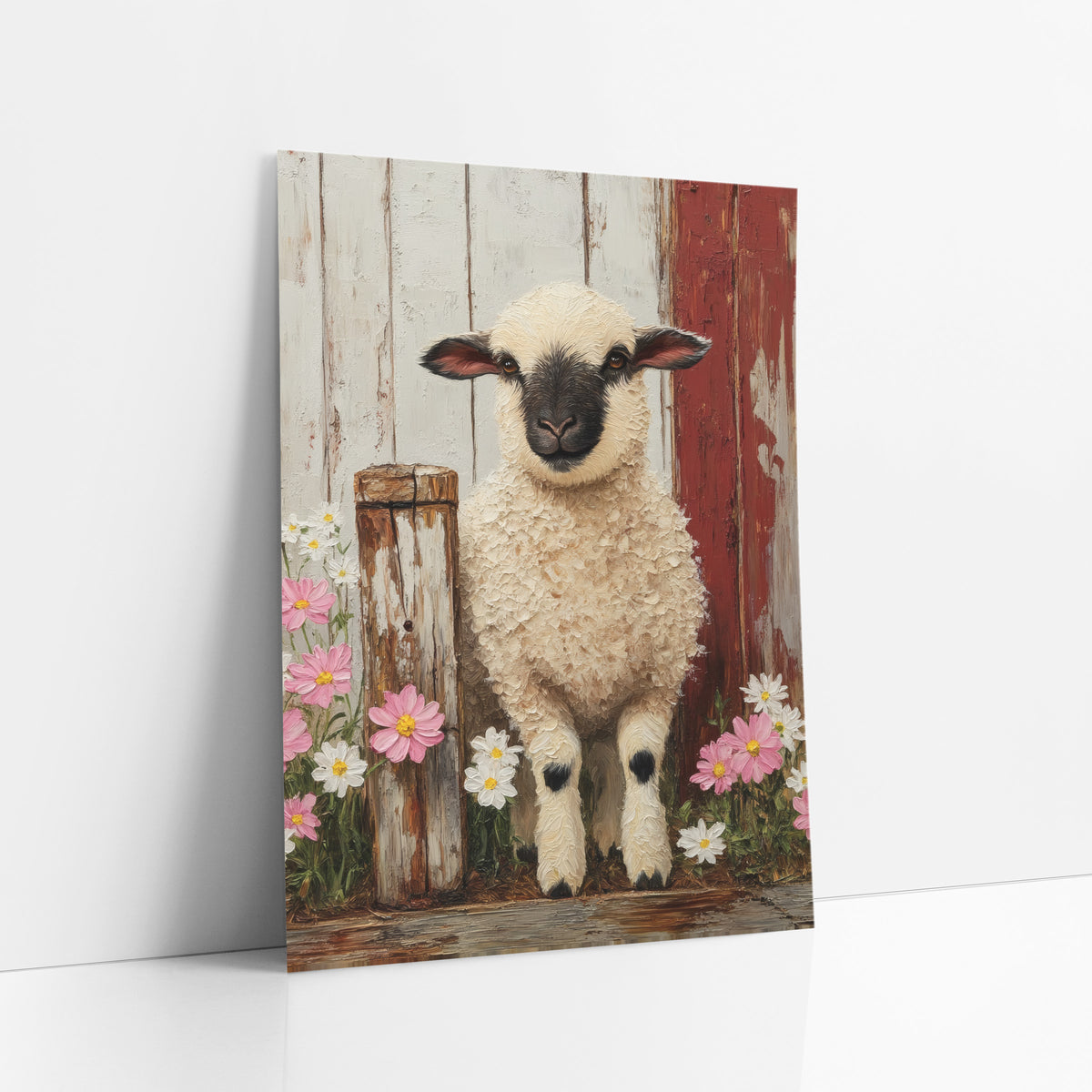Black Faced Lamb Farmhouse Floral art print leaning against a white wall – black-faced lamb with a cream curly coat stands