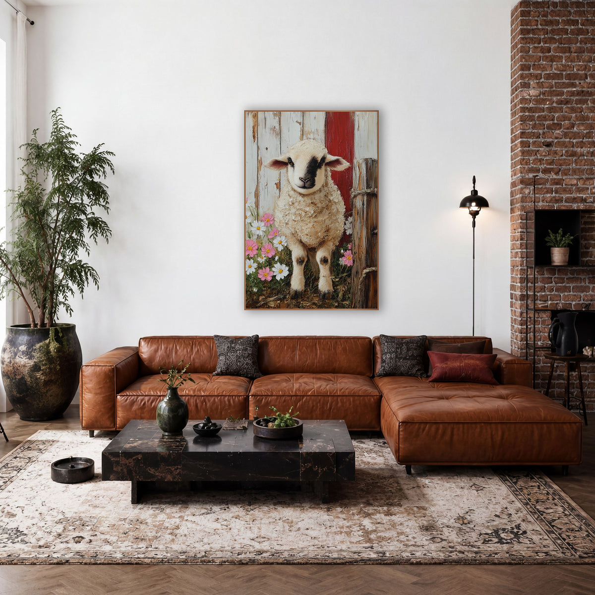 Barn Lamb Cosmos Farmhouse wall art in a farmhouse-style room – cream lamb with dark face marking among pink and white