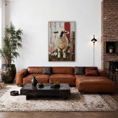 Barn Lamb Cosmos Farmhouse wall art in a farmhouse-style room – cream lamb with dark face marking among pink and white