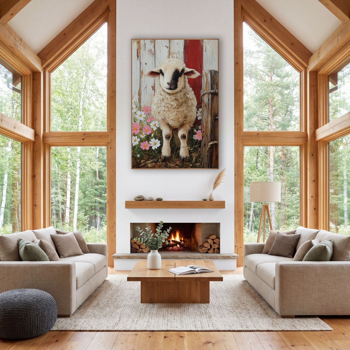 Barn Lamb Cosmos Farmhouse wall art in a farmhouse-style room – cream lamb with dark face marking among pink and white
