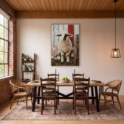 Barn Lamb Cosmos Farmhouse wall art in a farmhouse-style room – cream lamb with dark face marking among pink and white