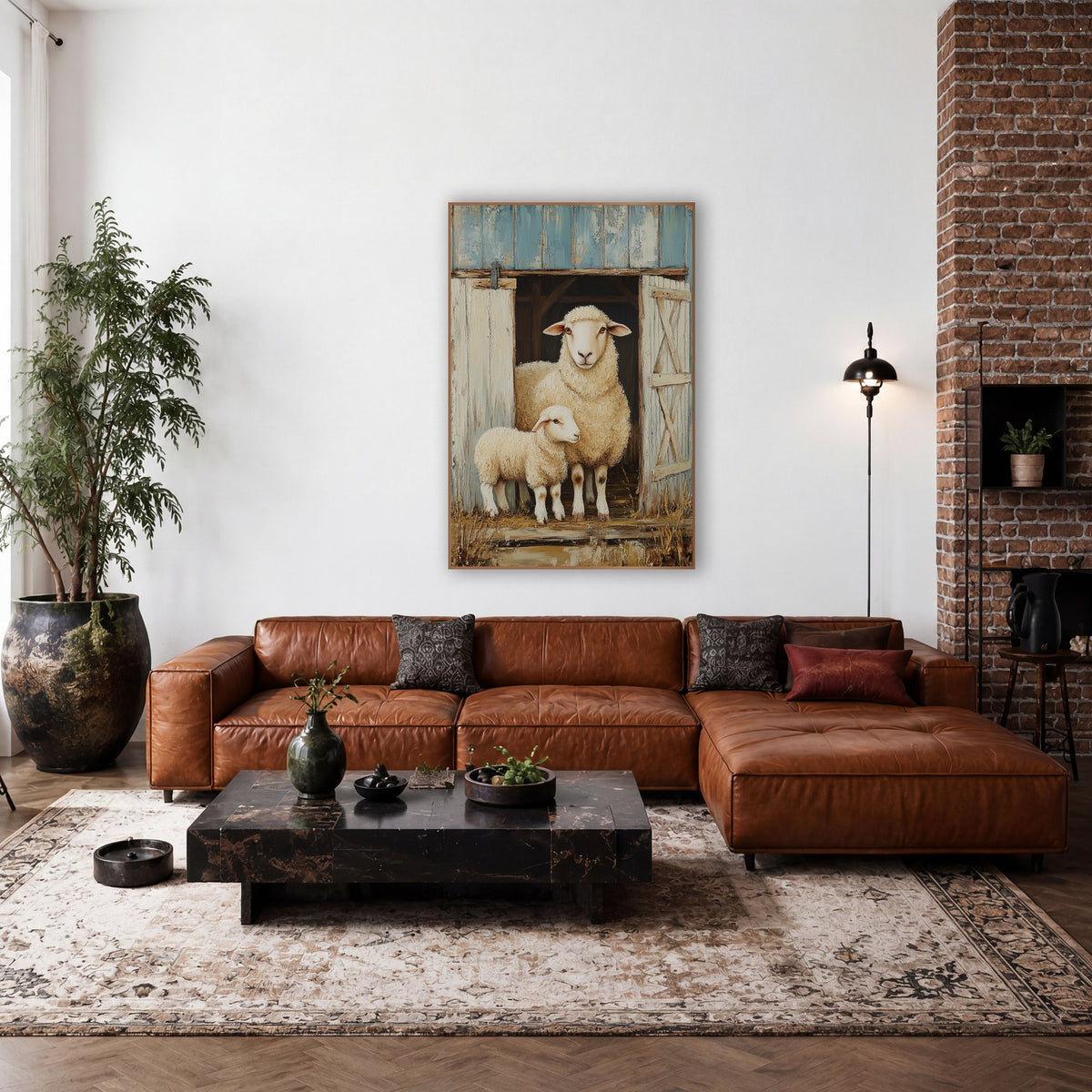 Sheep And Lamb Barn Door Farmhouse wall art in a farmhouse-style room – sheep and lamb standing in an open barn