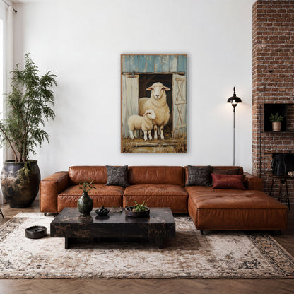 Sheep And Lamb Barn Door Farmhouse wall art in a farmhouse-style room – sheep and lamb standing in an open barn