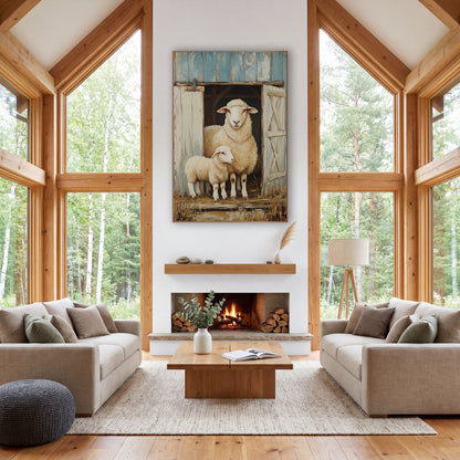 Sheep And Lamb Barn Door Farmhouse wall art in a farmhouse-style room – sheep and lamb standing in an open barn