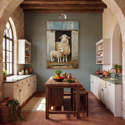 Sheep And Lamb Barn Door Farmhouse wall art in a farmhouse-style room – sheep and lamb standing in an open barn