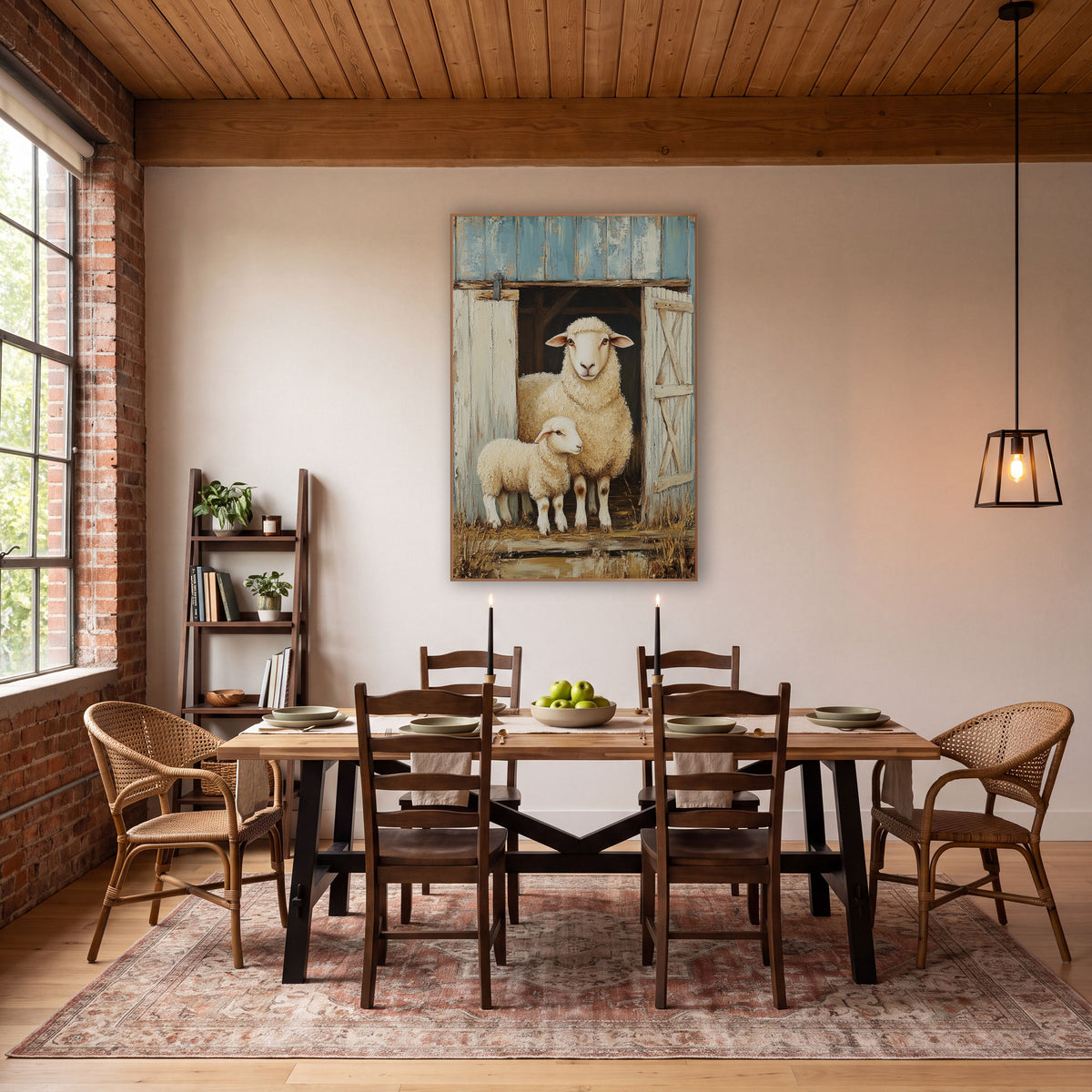 Sheep And Lamb Barn Door Farmhouse wall art in a farmhouse-style room – sheep and lamb standing in an open barn