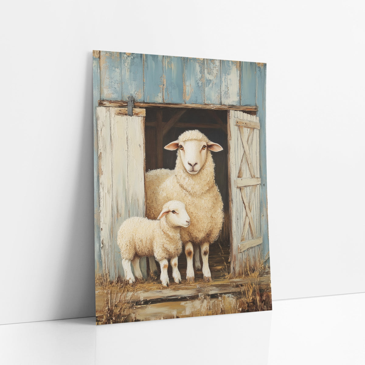 Sheep And Lamb Barn Door Farmhouse art print leaning against a white wall – sheep and lamb standing in an open barn doorway