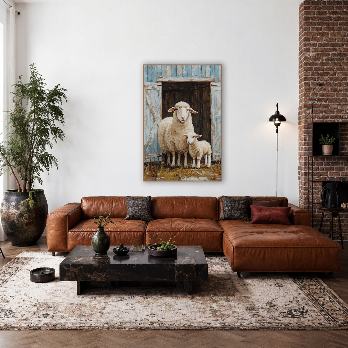 Ewe and Lamb Barn Door Farmhouse wall art in a farmhouse-style room – ewe and lamb standing together in an open barn