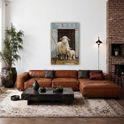 Ewe and Lamb Barn Door Farmhouse wall art in a farmhouse-style room – ewe and lamb standing together in an open barn