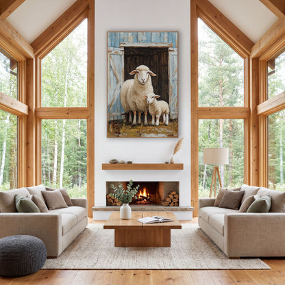 Ewe and Lamb Barn Door Farmhouse wall art in a farmhouse-style room – ewe and lamb standing together in an open barn