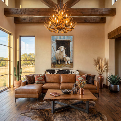 Ewe and Lamb Barn Door Farmhouse wall art in a farmhouse-style room – ewe and lamb standing together in an open barn