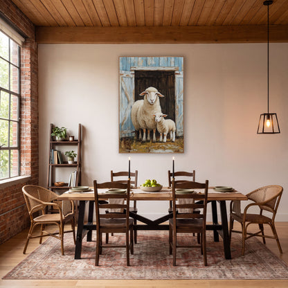 Ewe and Lamb Barn Door Farmhouse wall art in a farmhouse-style room – ewe and lamb standing together in an open barn