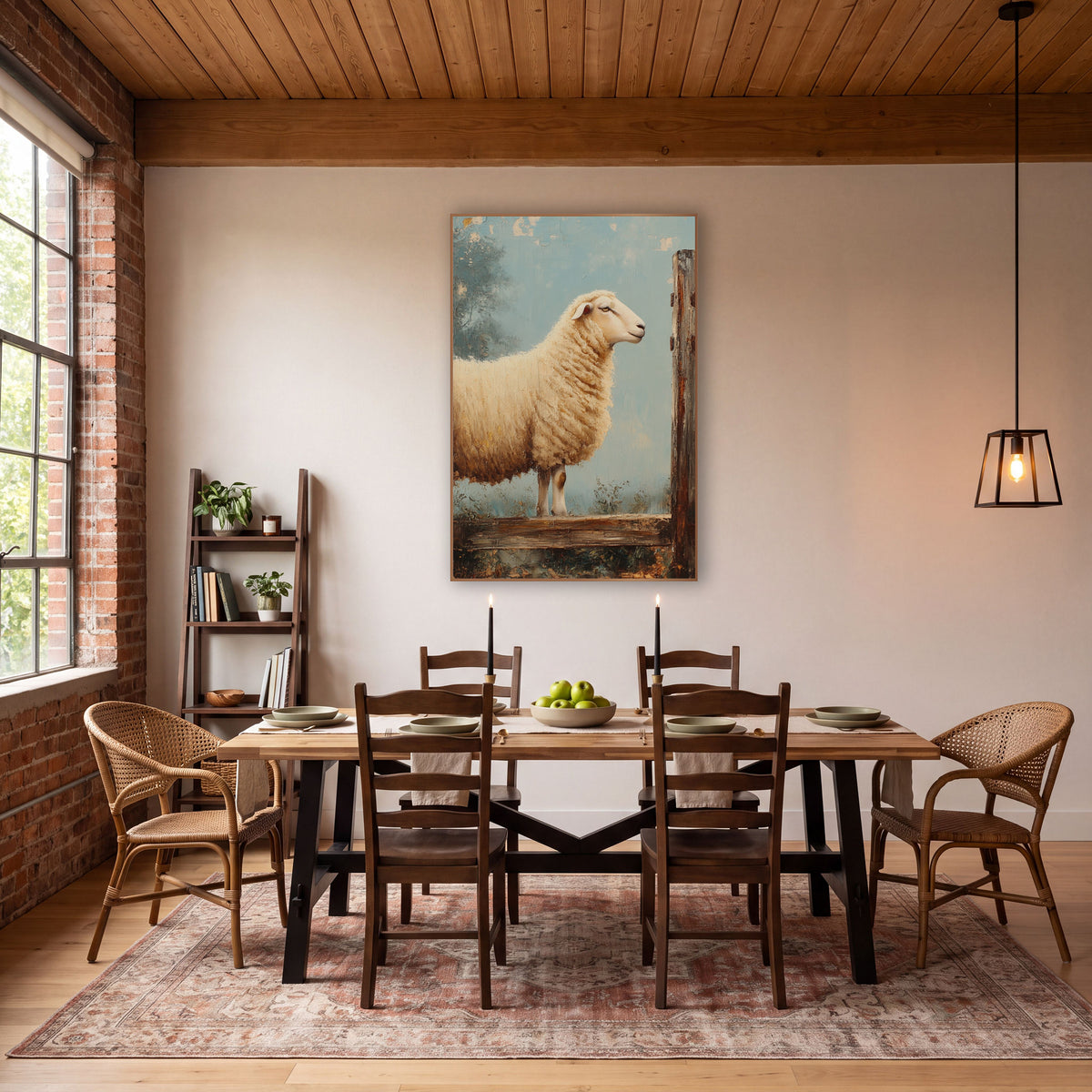 Cream Sheep Between Posts Painterly wall art in a farmhouse-style room – cream-woolled sheep in profile