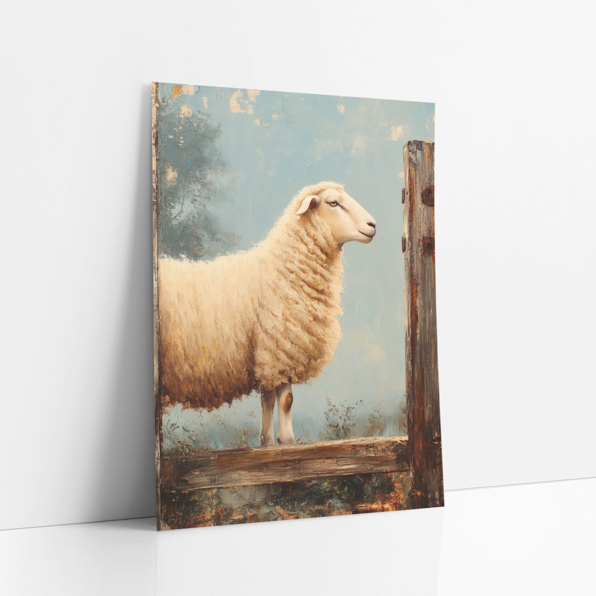 Cream Sheep Between Posts Painterly art print leaning against a white wall – cream-woolled sheep in profile