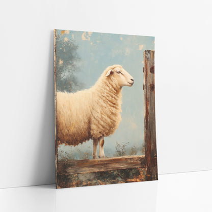 Cream Sheep Between Posts Painterly art print leaning against a white wall – cream-woolled sheep in profile